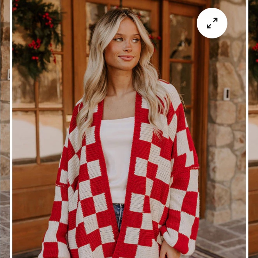 Red and White Checkered Women's Cardigan